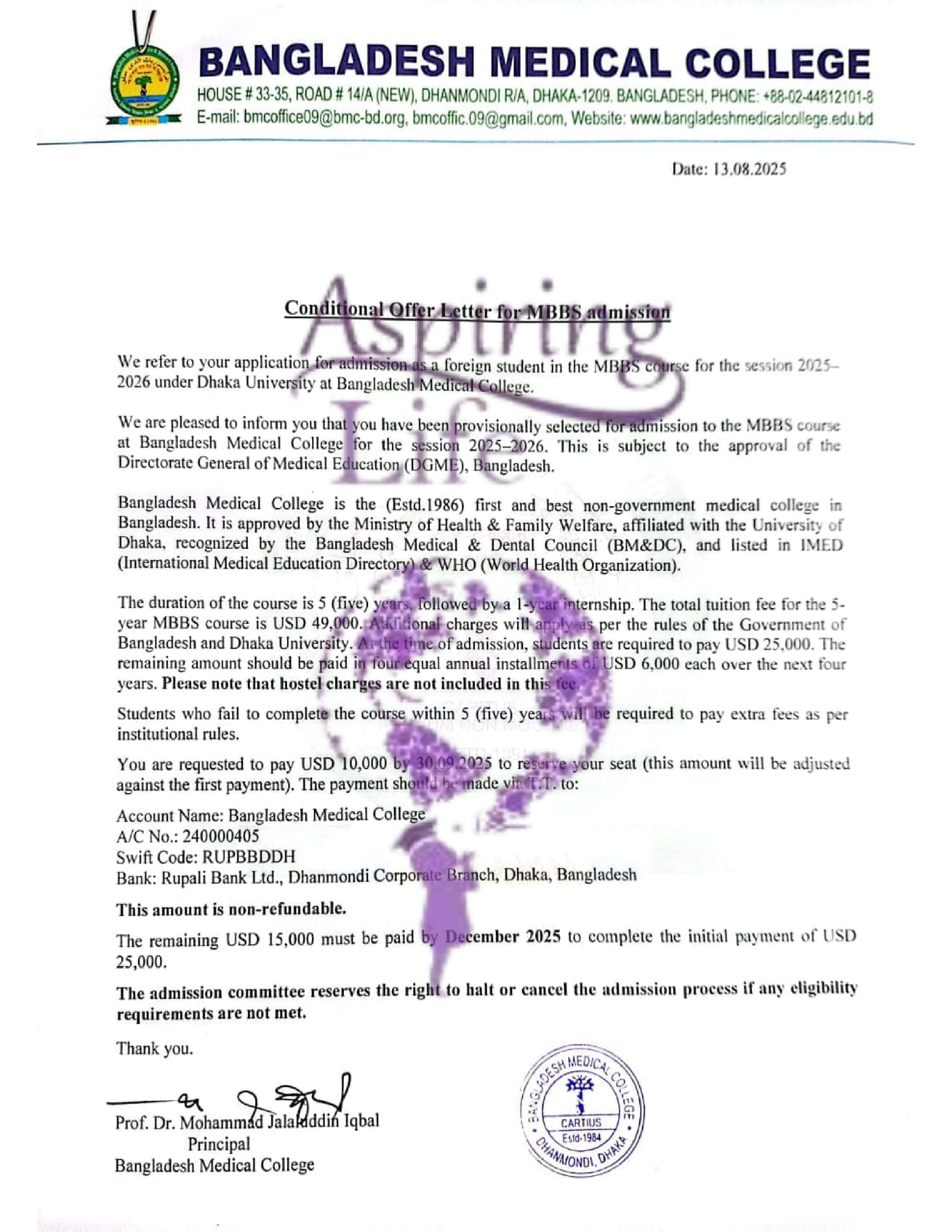 Bangladesh Medical College – Offer Letter