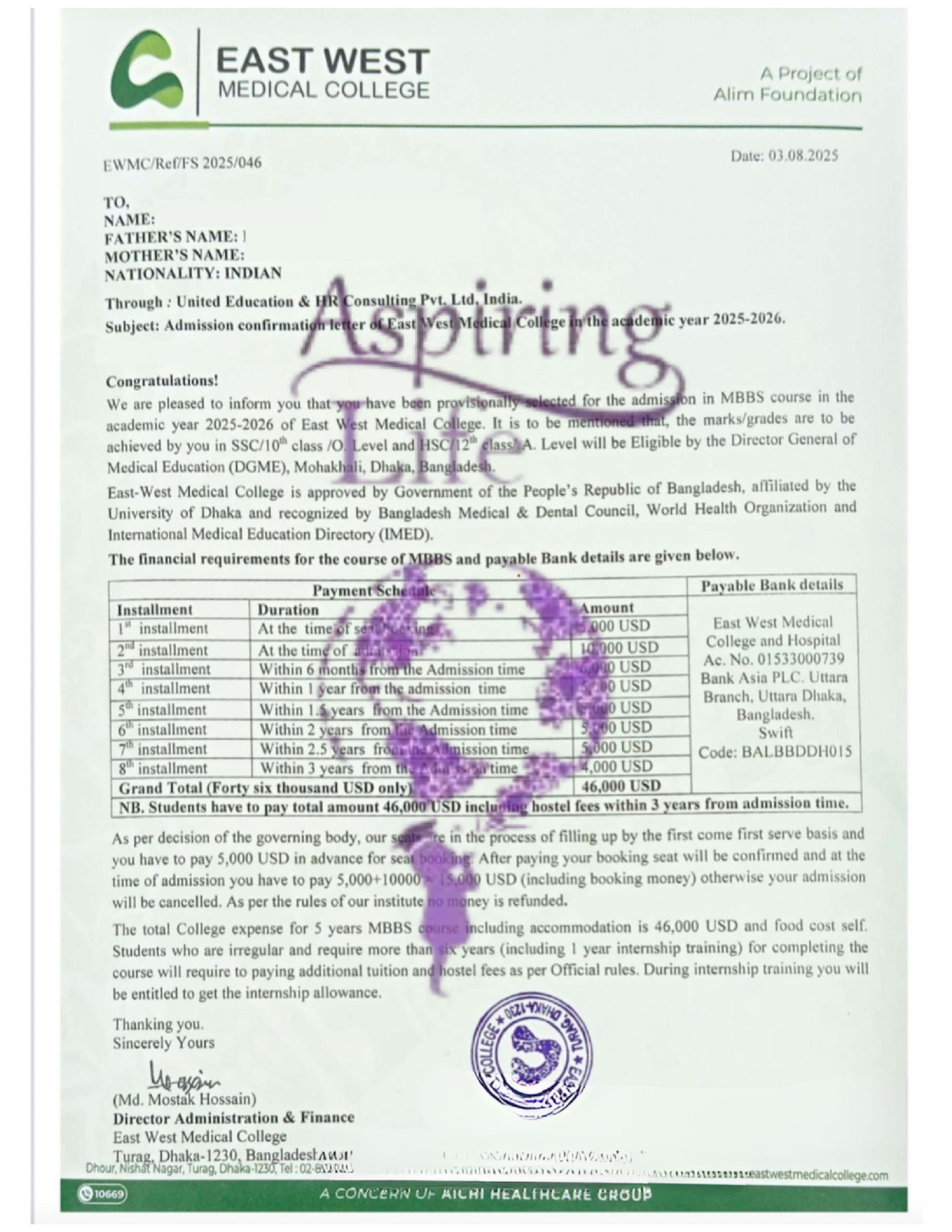 Mainamoti Medical College – Offer Letter