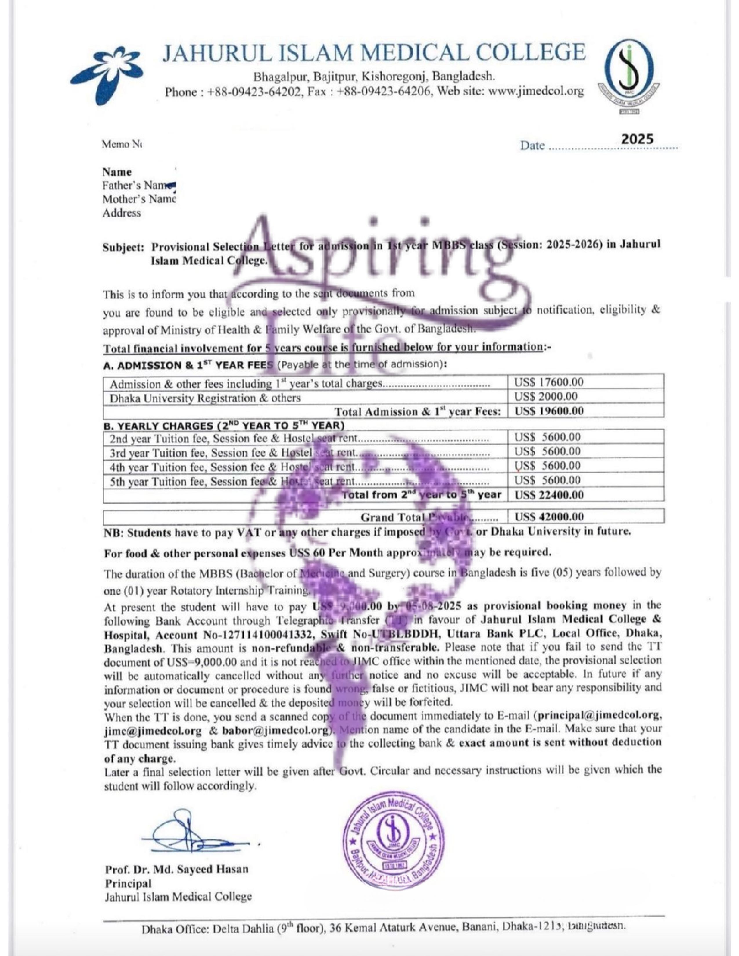 Jahurul Islam Medical College – Offer Letter